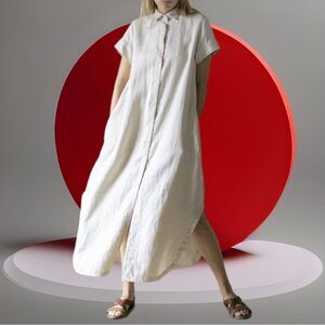 ZII ROPA Mandu Linen Short Sleeve Button Front Midi Dress L